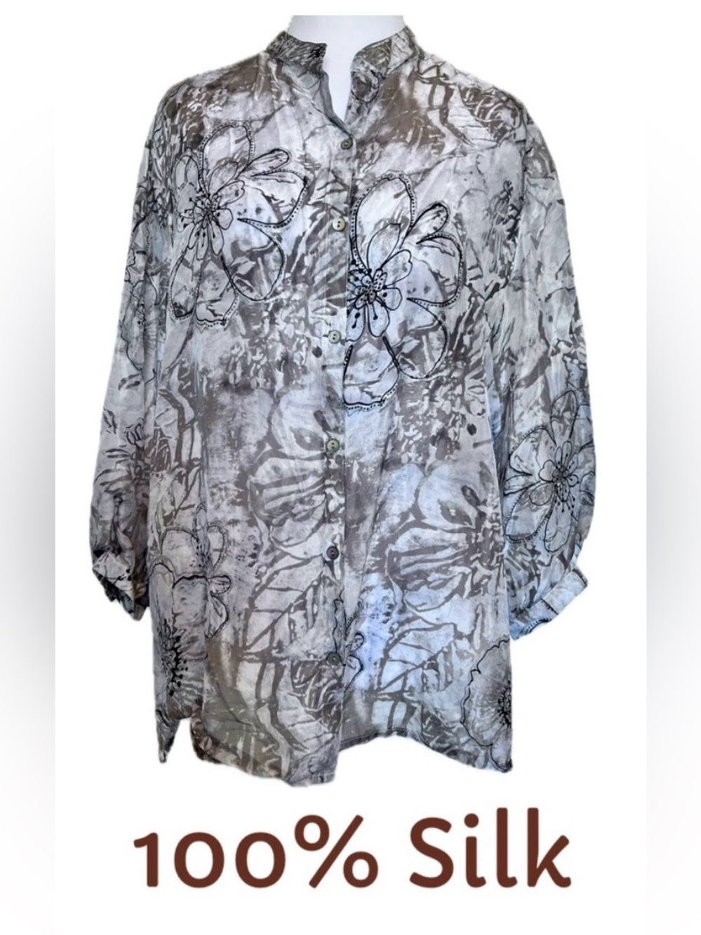 Chico's 100% Silk Sheer Floral Taupe Gray  tones Blouse  Size 1 (M/8)